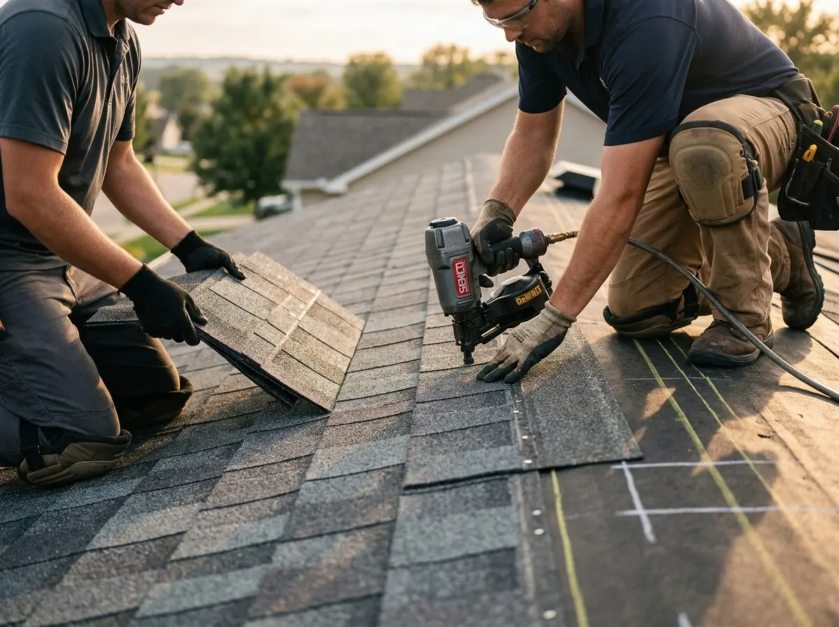 Professional roofer working on a residential roof in Lennox